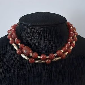 DARK RED CARNELIAN BEADED STATEMENT CHOKER NECKLACES SET OF TWO